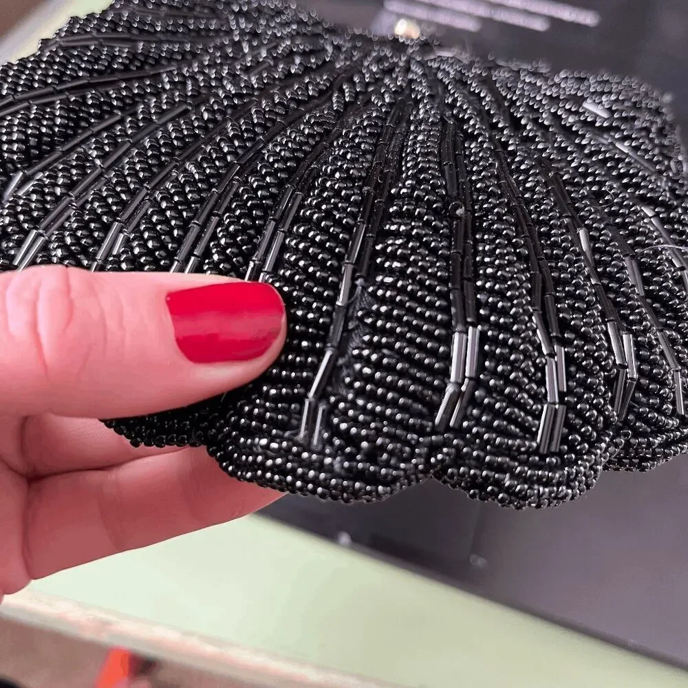 VTG Magid Black Beaded Seashell Clutch Art Deco Gothic Glam Kisslock